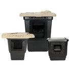 Three black outdoor fire pit tables with stone-look tops are shown on a plain white background, including one larger central unit and two smaller side units.