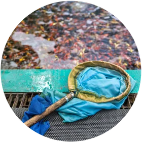A circular close-up of a blue mesh fishing net
